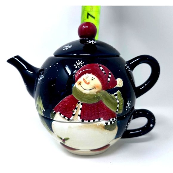 Wongs Ceramic Teapot For One Navy Snowman Snowflakes Pine Trees 3 Pc 20 oz 2006 - Picture 10 of 14